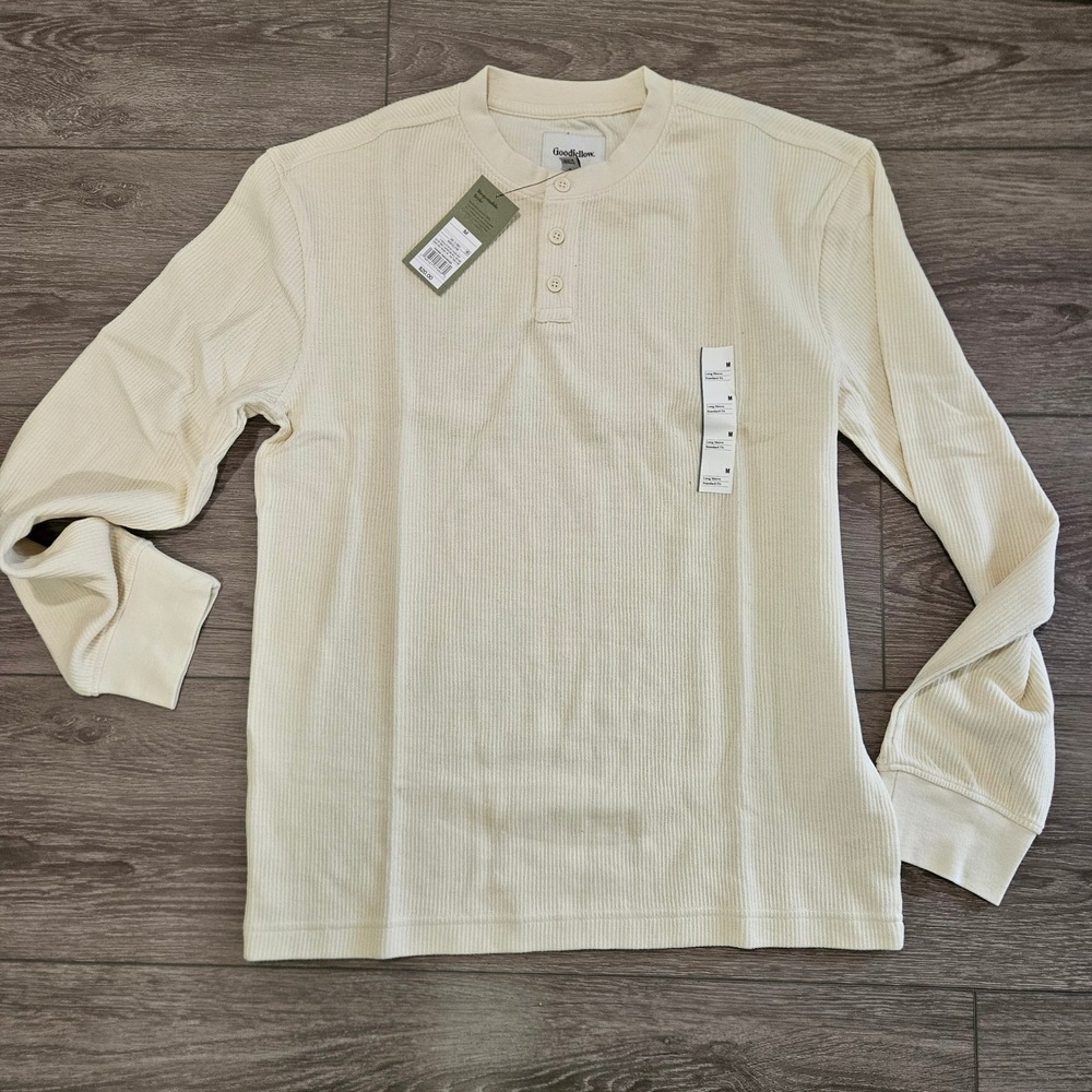 Goodfellow & Co Mens Henley Shirt Cream Off-White Waffle Knit Long Sleeve Medium